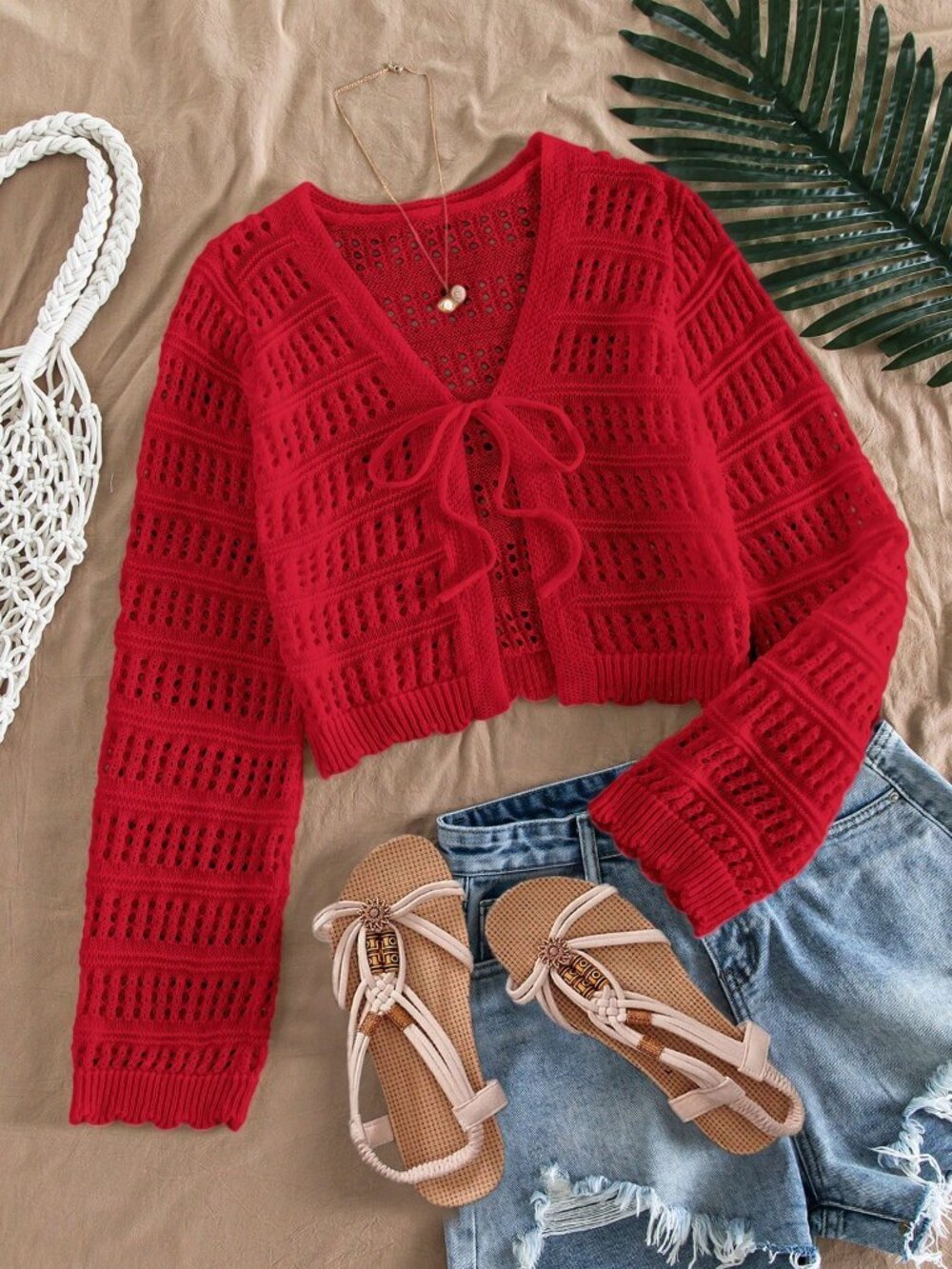 Red Casual Women's Vacation Hollow Out Knit Cardigan